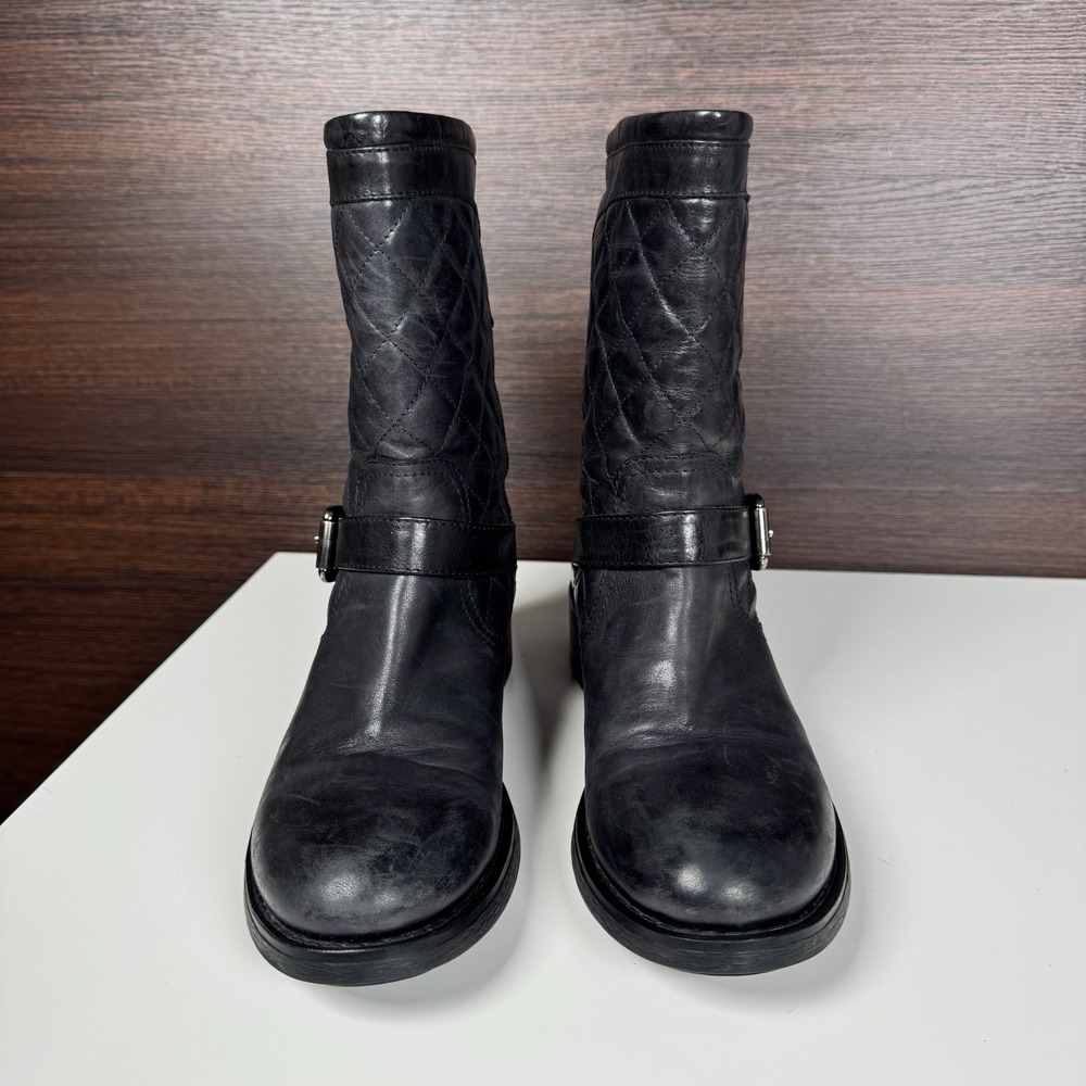 Aquatalia Boots Womens Size 7 Black Leather Quilted Biker Mid Calf Buckle -Italy - Picture 2 of 11